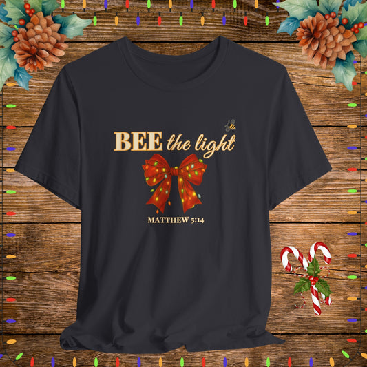 "Dark grey BEE the light Christian Shirt – Matthew 5:14 Bible Scripture Tee."