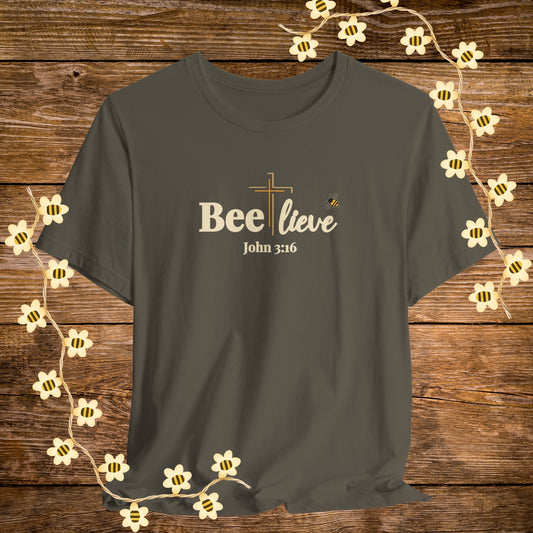 "Army BEE-lieve Christian Shirt – John 3:16 Bible Scripture Tee."