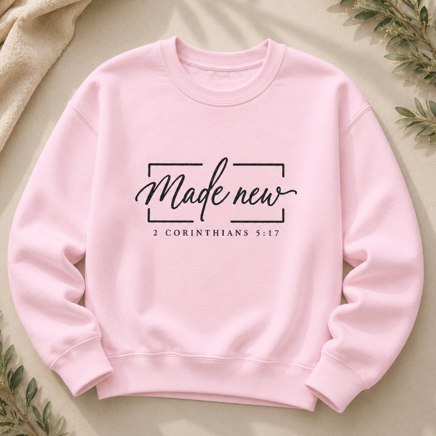 Made New Embroidered Christian Crewneck Sweatshirt in Light Pink | 2 Corinthians 5:17 | BEE Grace-full