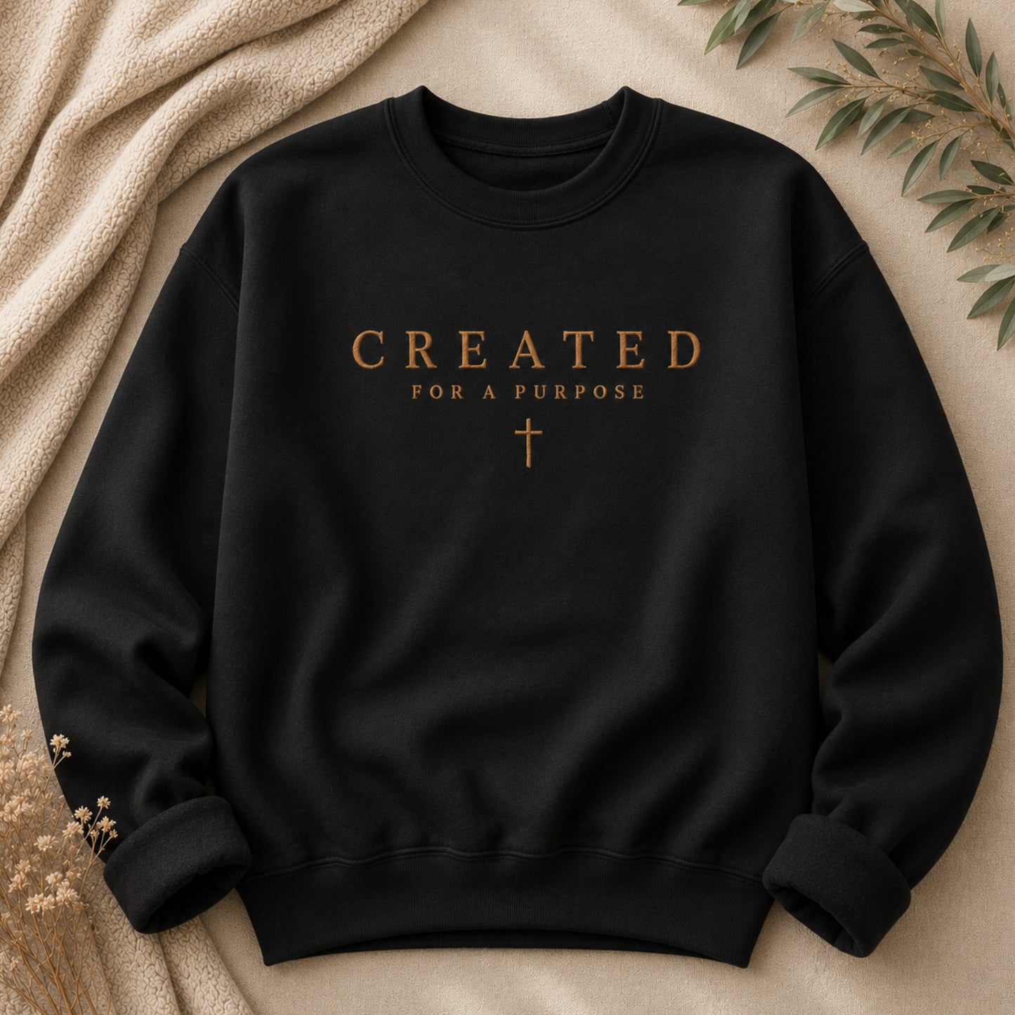 Created for a Purpose Embroidered Christian Crewneck Sweatshirt in Black | BEE Grace-full