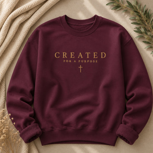 Created for a Purpose Embroidered Christian Crewneck Sweatshirt in Maroon | BEE Grace-full