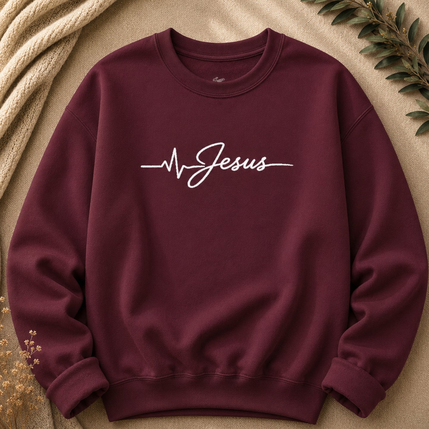 Jesus Is Life Heartbeat Embroidered Crewneck Sweatshirt in Maroon | Christian Sweatshirt | BEE Grace-full