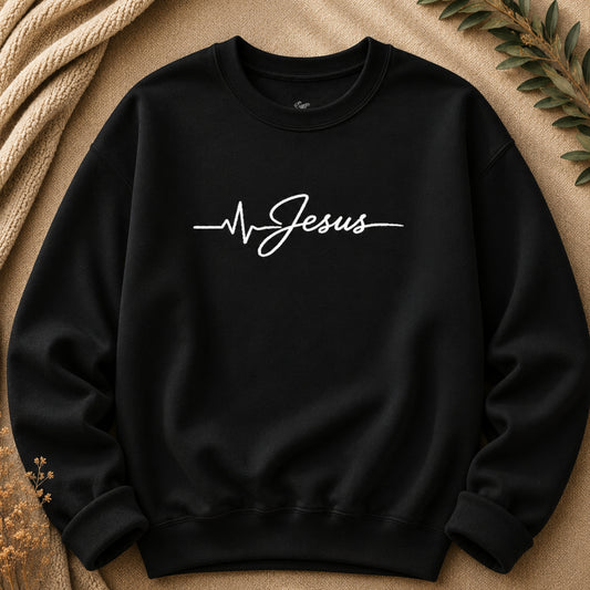 Jesus Is Life Heartbeat Embroidered Crewneck Sweatshirt in Black | Christian Sweatshirt | BEE Grace-full