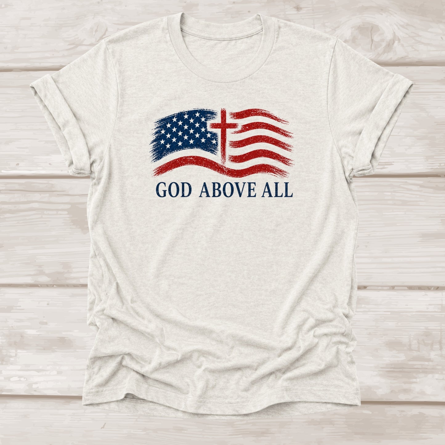 God Above All Christian T-Shirt in Heather Cement | Distressed Flag & Cross | BEE Grace-full