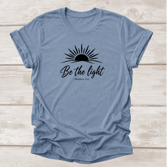 Be the Light Matthew 5:14 – Steel Blue Christian Graphic Tee | BEE Grace-full