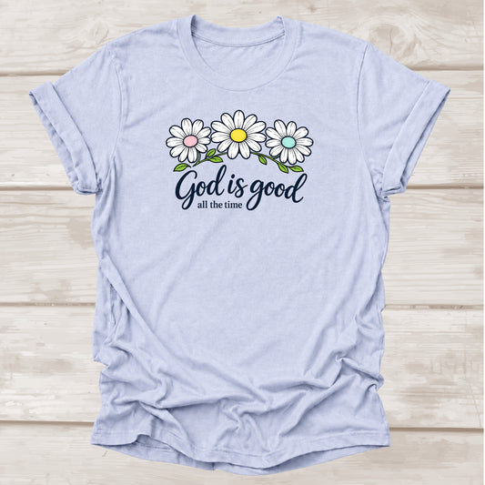 God is Good All the Time faith t-shirt with daisy floral graphic in heather prism blue – BEE Grace-full