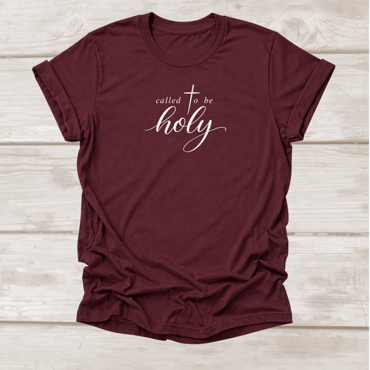 Called to Be Holy 1 Peter 1:15 faith t-shirt with cross script in maroon – BEE Grace-full