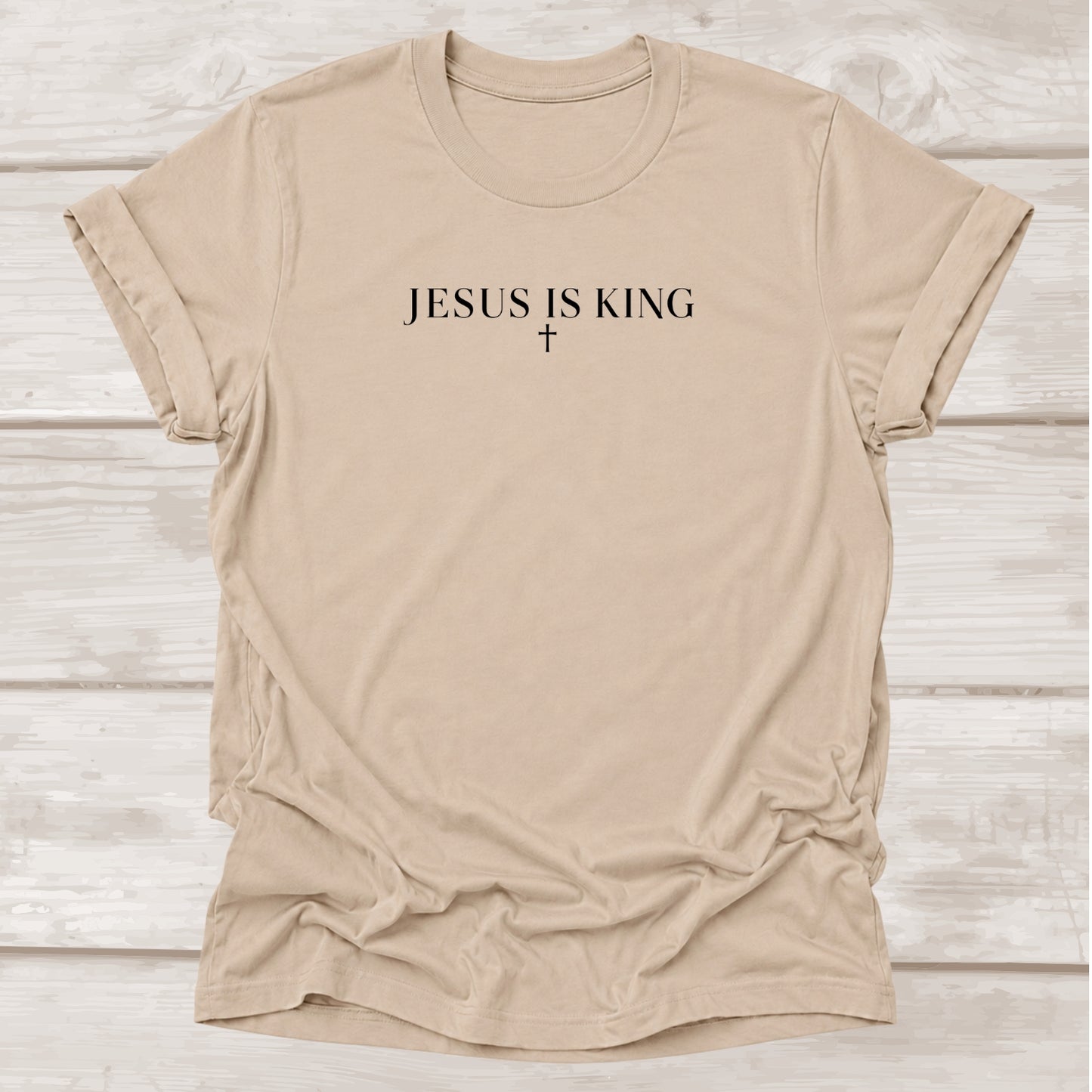 Jesus Is King minimalist Christian t-shirt with cross in tan – BEE Grace-full