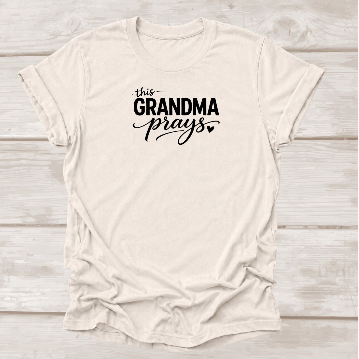 This Grandma Prays Christian t-shirt with script graphic in natural β BEE Grace-full
