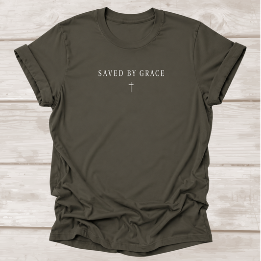 Saved by Grace Ephesians 2:8 Christian T-Shirt in Army Green | Minimalist Cross | BEE Grace-full