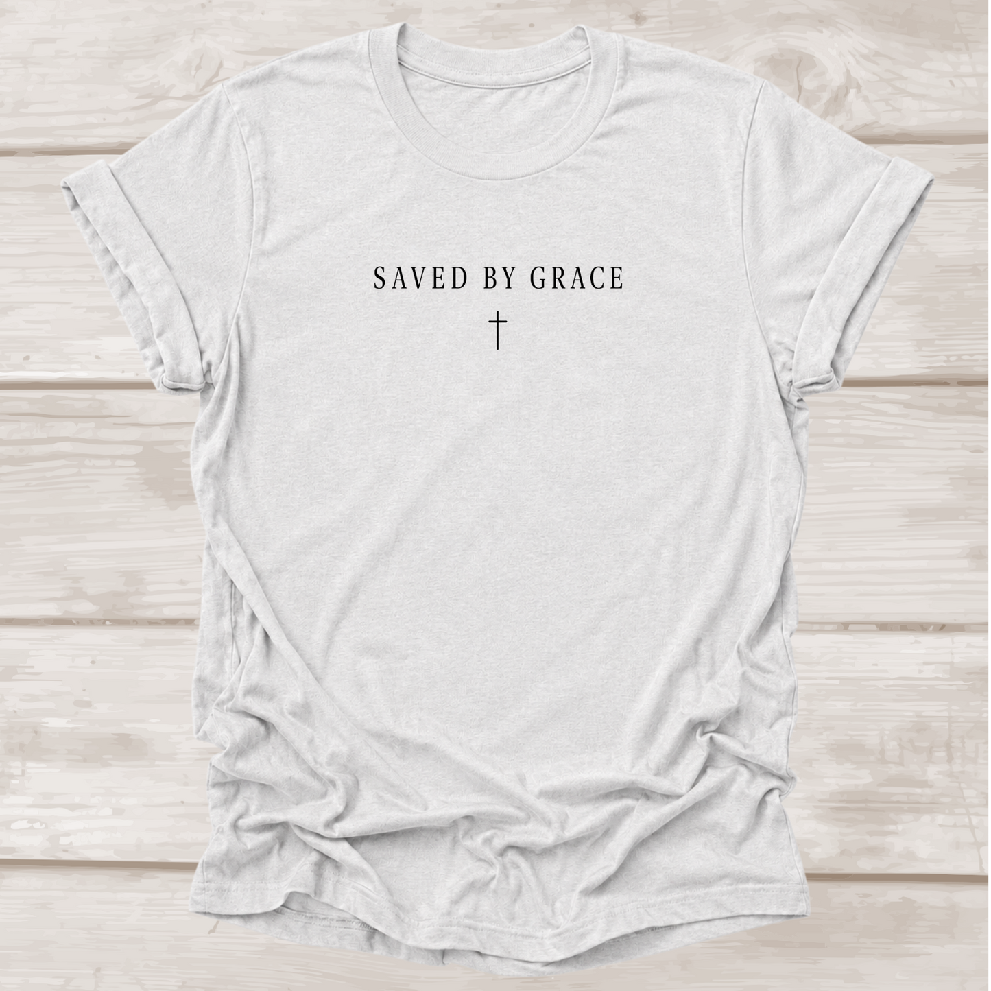 Saved by Grace Ephesians 2:8 Christian T-Shirt in Ash | Minimalist Cross | BEE Grace-full