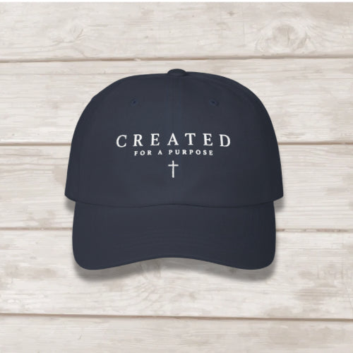 Created For A Purpose embroidered dad cap in navy with cross graphic, faith-based hat by BEE Grace-full