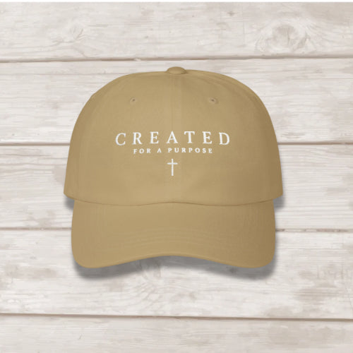 Created For A Purpose embroidered dad cap in khaki with cross graphic, faith-based hat by BEE Grace-full