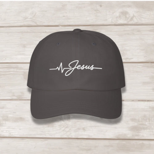 Jesus Is Life heartbeat embroidered dad cap in dark grey Christian faith hat by BEE Grace-full