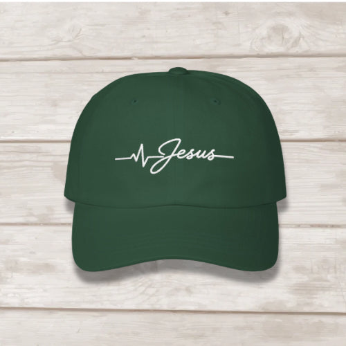 Jesus Is Life heartbeat embroidered dad cap in spruce Christian faith hat by BEE Grace-full