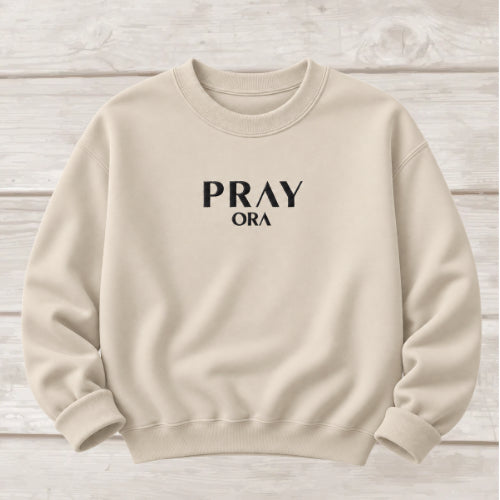 Pray ORA embroidered crewneck sweatshirt in Sand — Christian prayer sweatshirt by BEE Grace-full