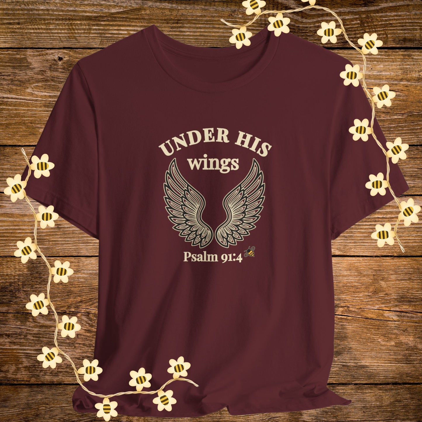 "Maroon Under His Wings Christian Shirt – Psalm 91:4 Bible Scripture Tee."