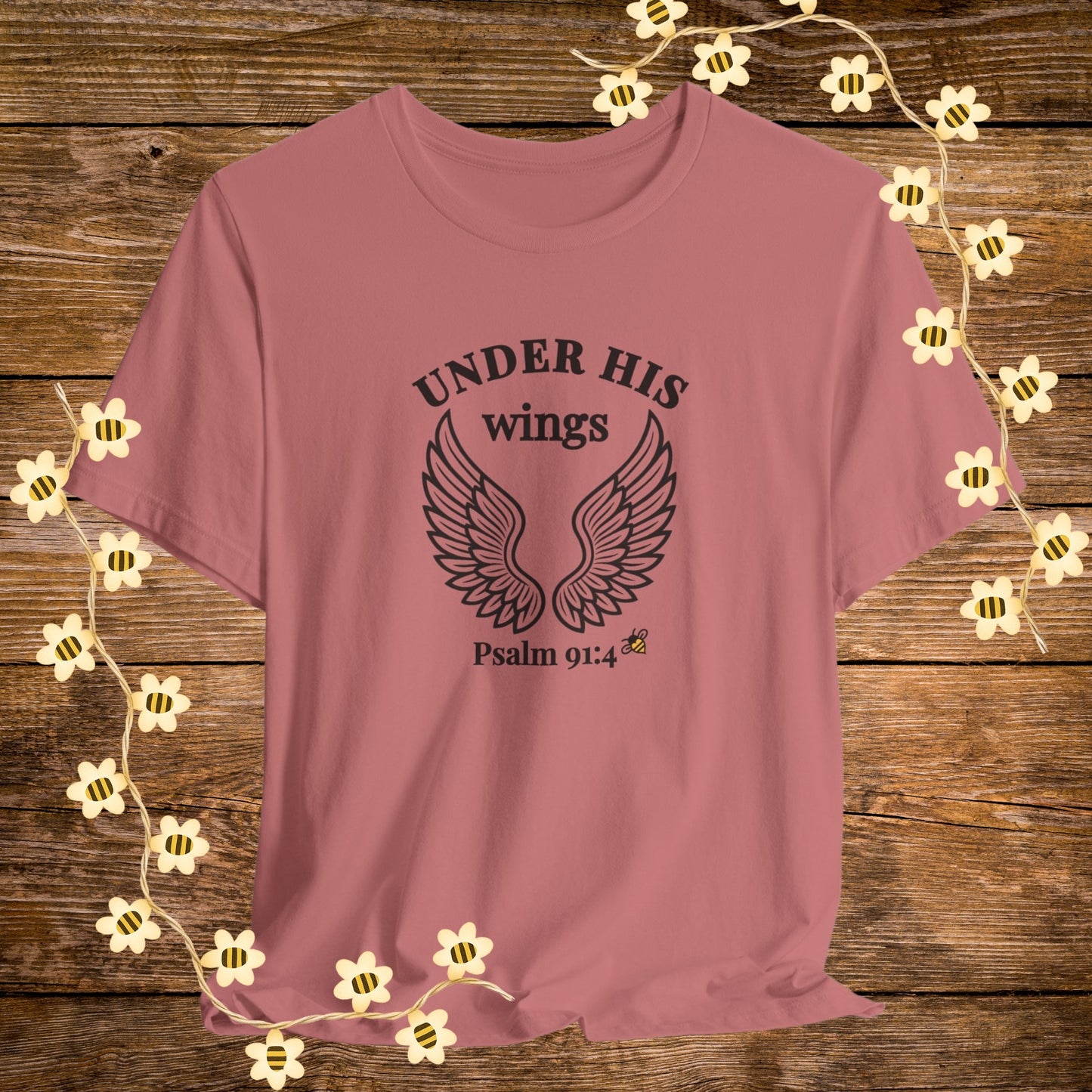 "Mauve Under His Wings Christian Shirt – Psalm 91:4 Bible Scripture Tee."