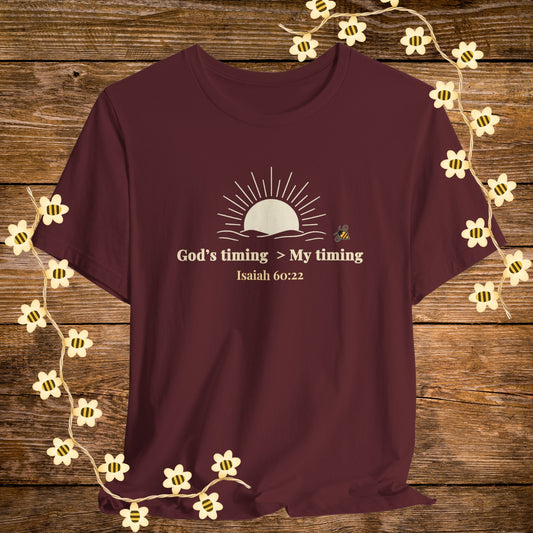"Maroon God's Timing > My Timing Christian Shirt – Isaiah 60:22 Bible Scripture Tee."