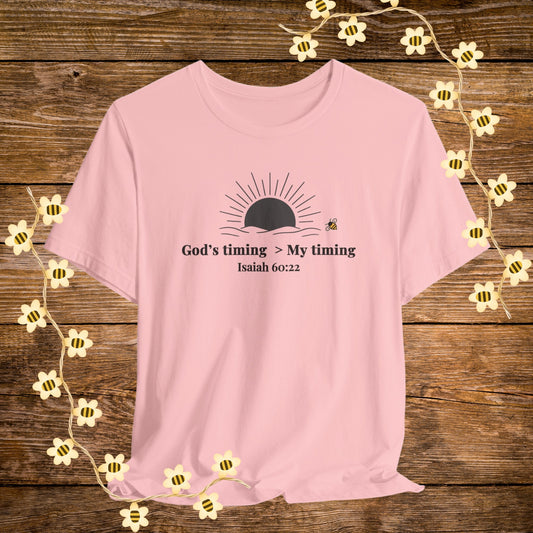 "Pink God's Timing > My Timing Christian Shirt – Isaiah 60:22 Bible Scripture Tee."