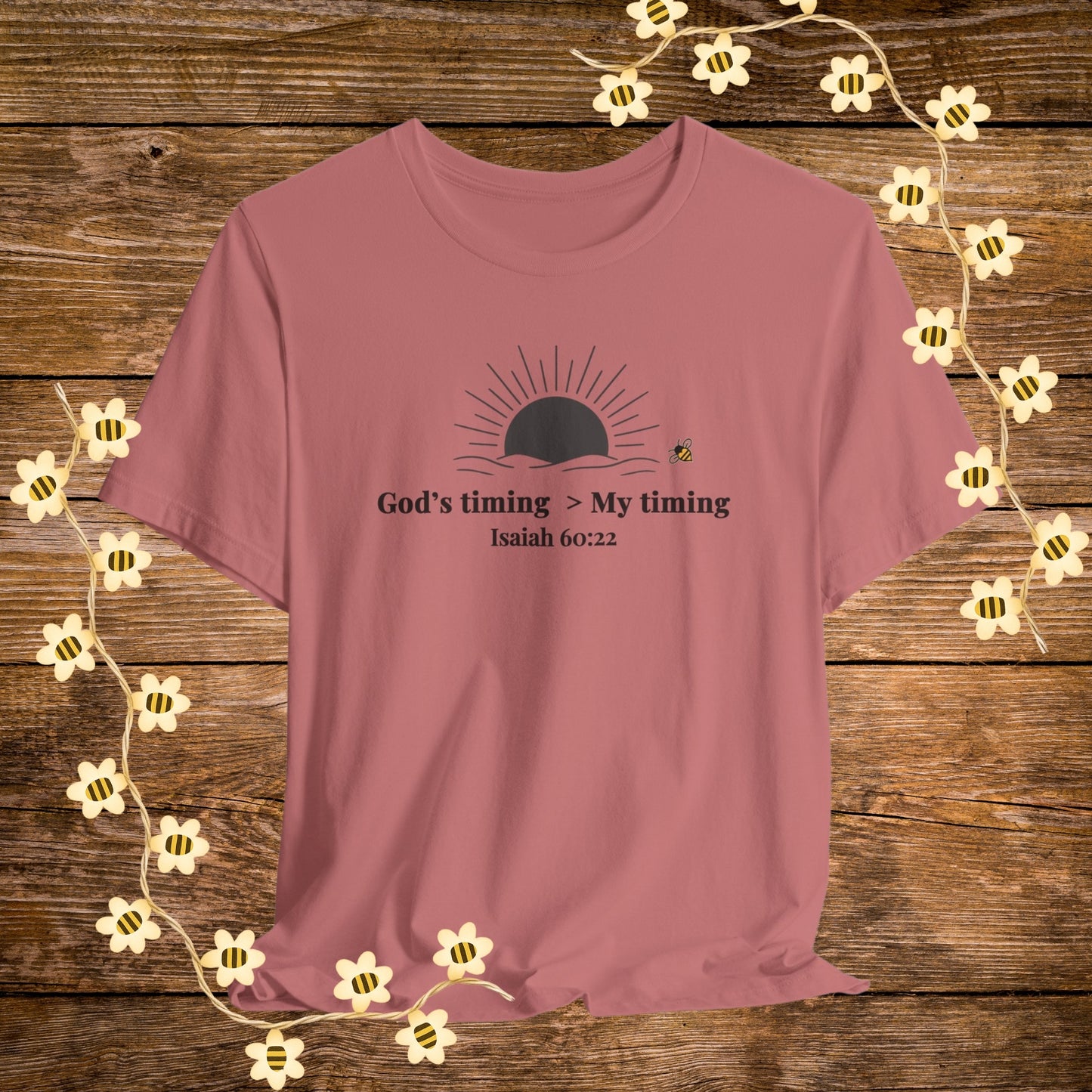 "Mauve God's Timing > My Timing Christian Shirt – Isaiah 60:22 Bible Scripture Tee."