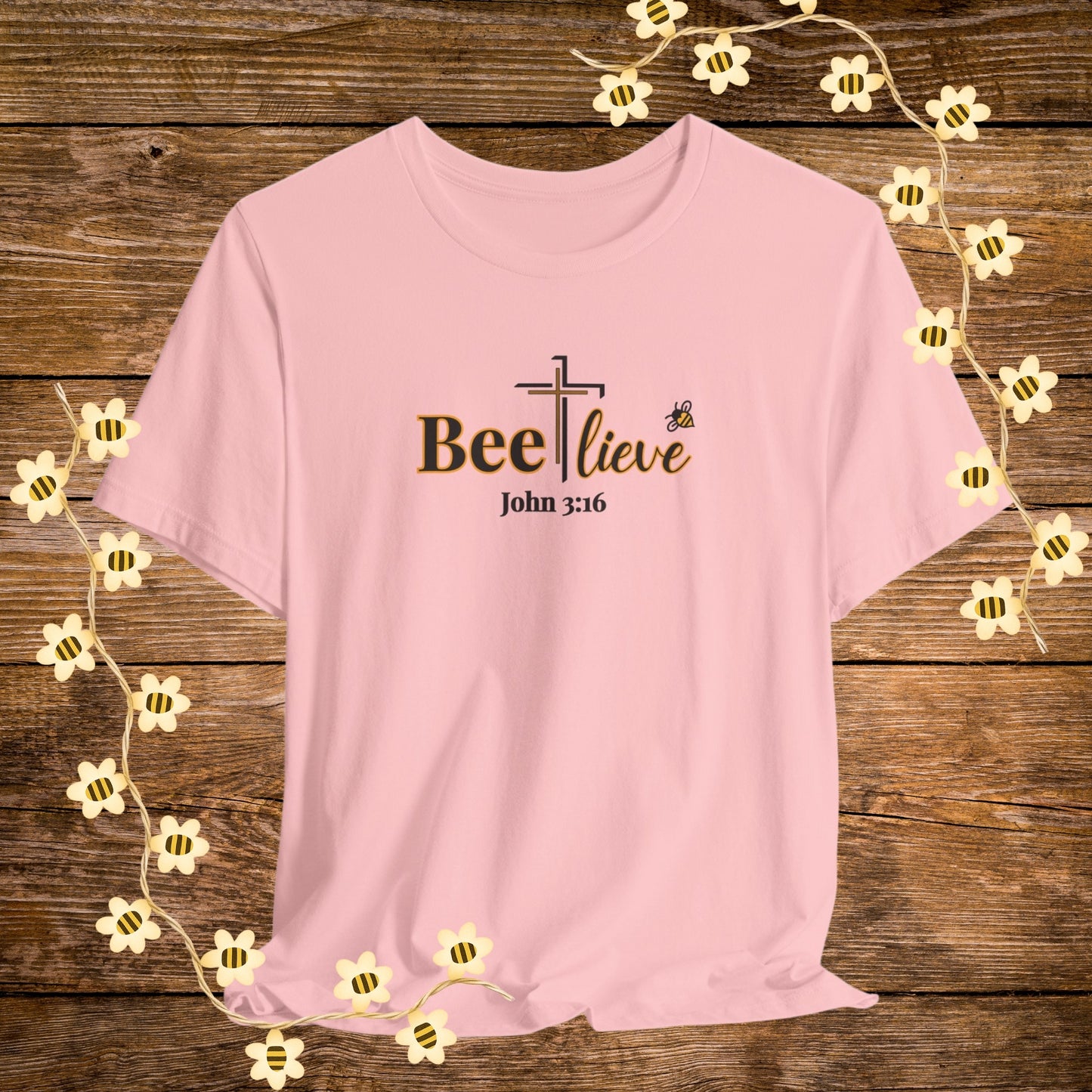 "Pink BEE-lieve Christian Shirt – John 3:16 Bible Scripture Tee."