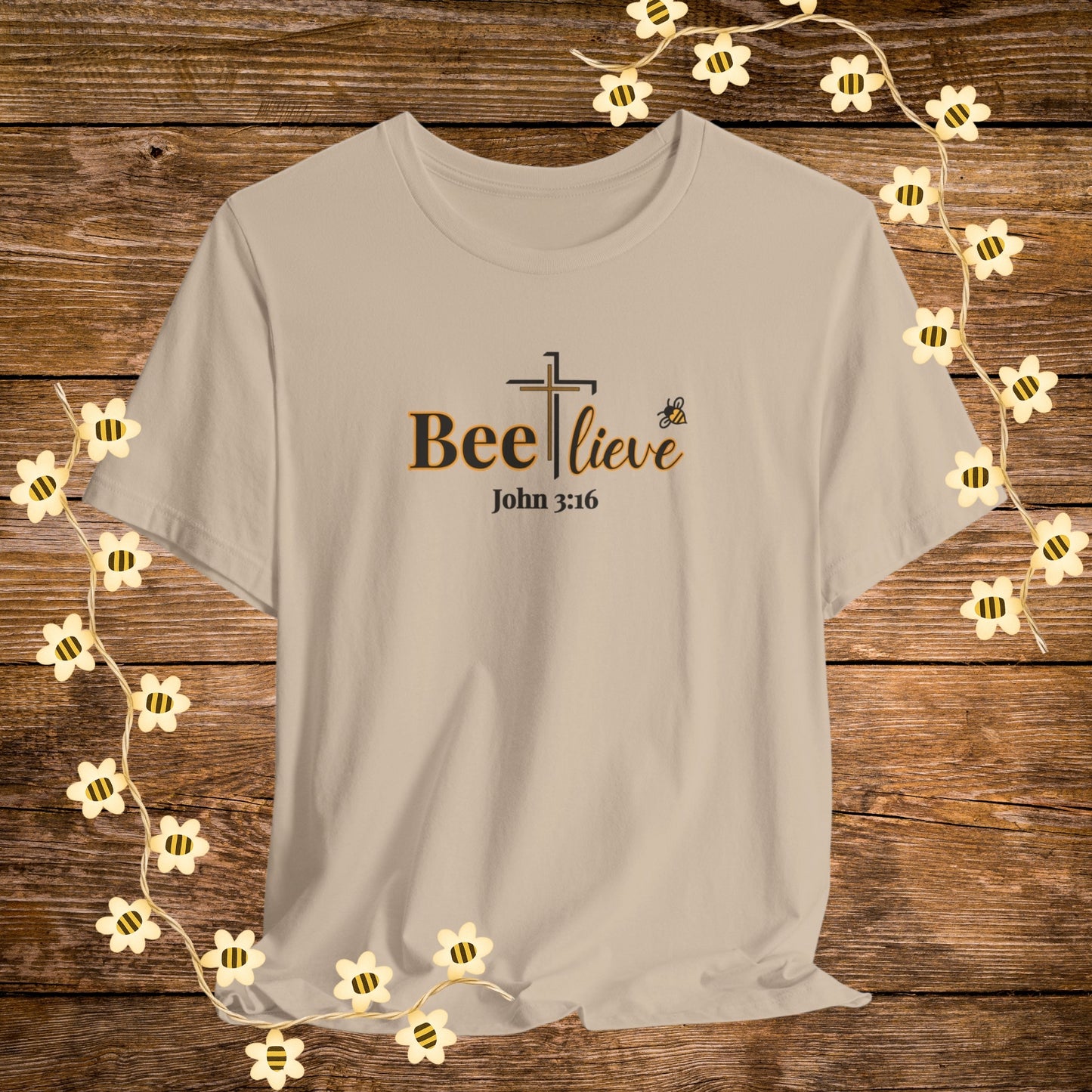 "Tan BEE-lieve Christian Shirt – John 3:16 Bible Scripture Tee."