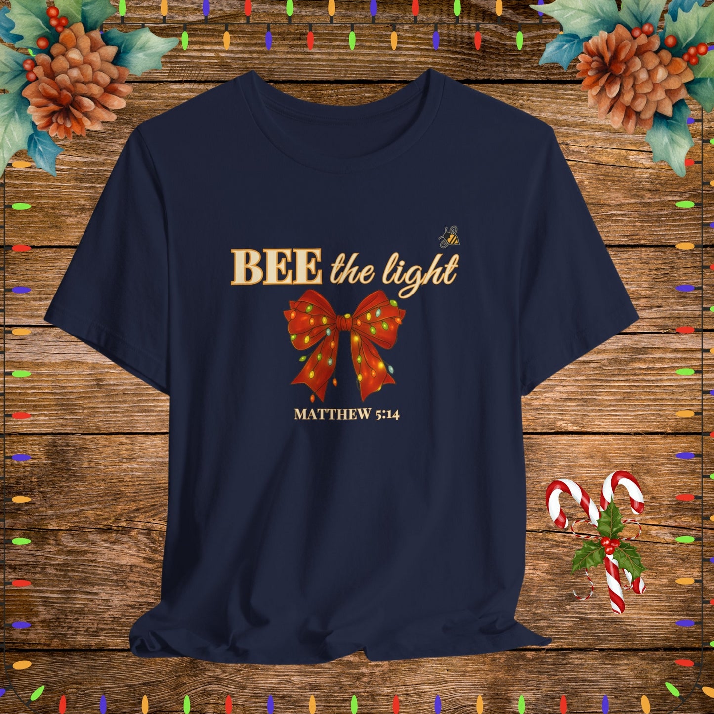 "Navy BEE the light Christian Shirt – Matthew 5:14 Bible Scripture Tee."