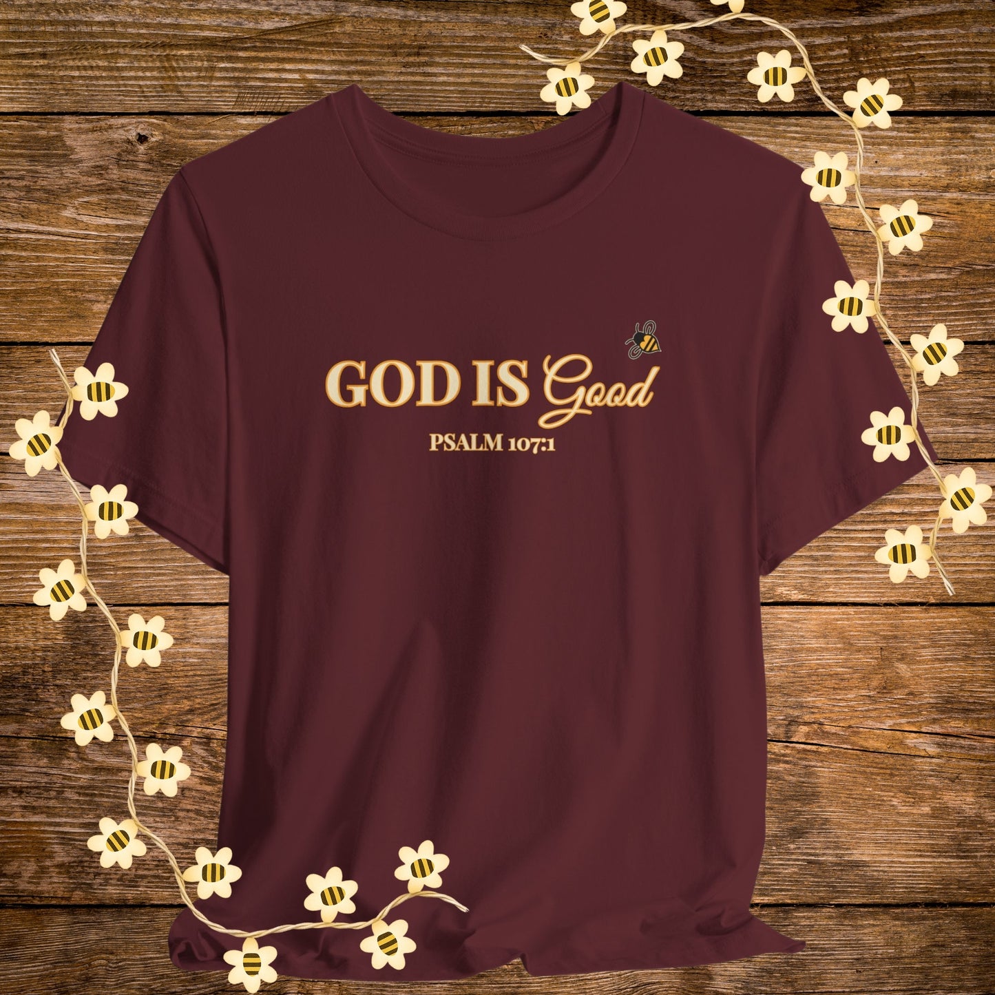"Maroon God Is Good Christian Shirt – Psalm 107:1 Bible Scripture Tee."