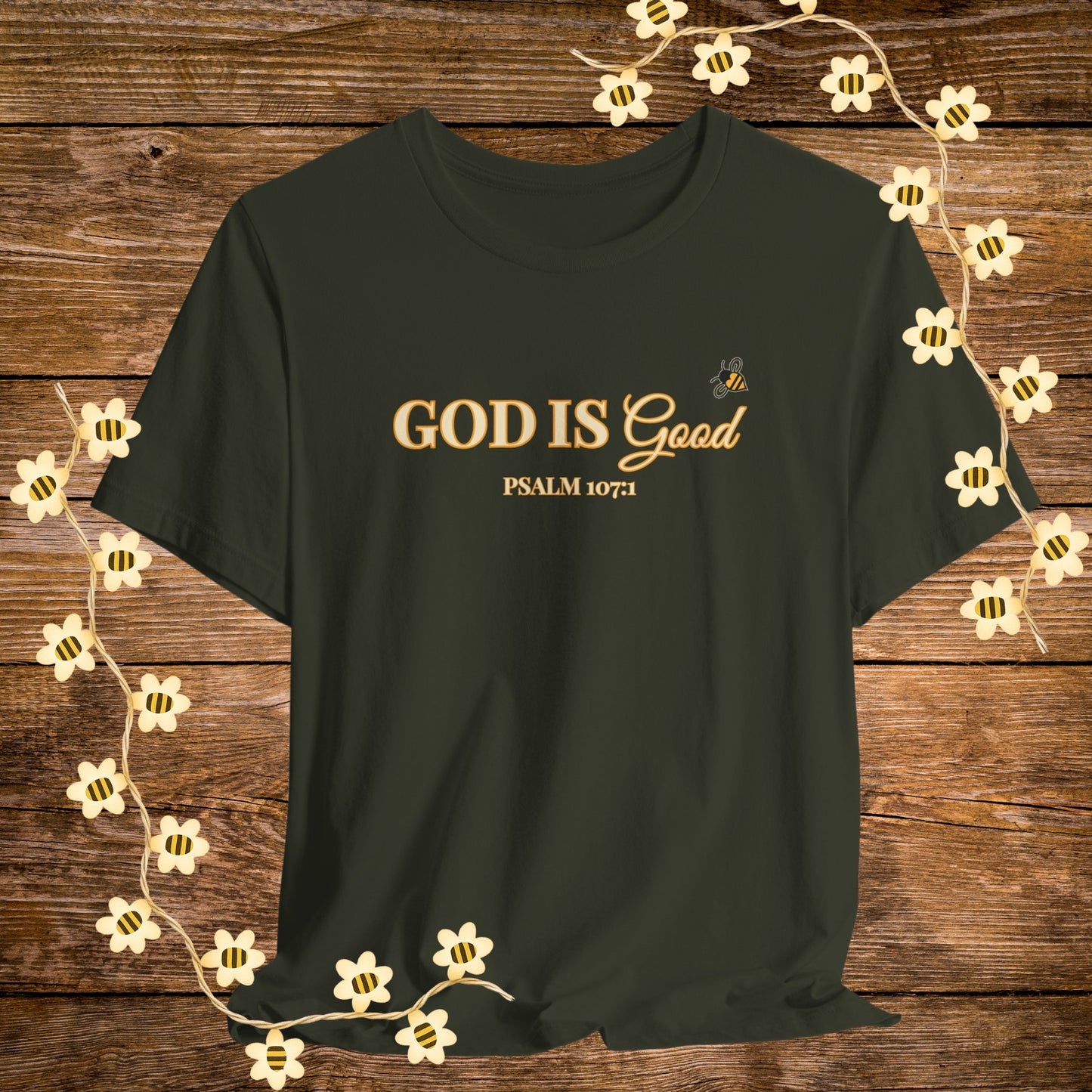 "Dark Olive God Is Good Christian Shirt – Psalm 107:1 Bible Scripture Tee."