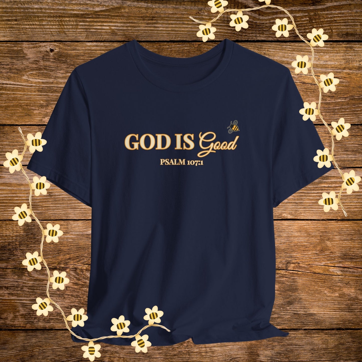 "Navy  God Is Good Christian Shirt – Psalm 107:1 Bible Scripture Tee."