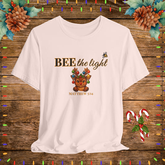 "Soft Pink BEE the light Christian Shirt – Matthew 5:14 Bible Scripture Tee."