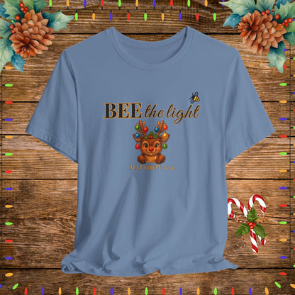 "Steel blue BEE the light Christian Shirt – Matthew 5:14 Bible Scripture Tee."