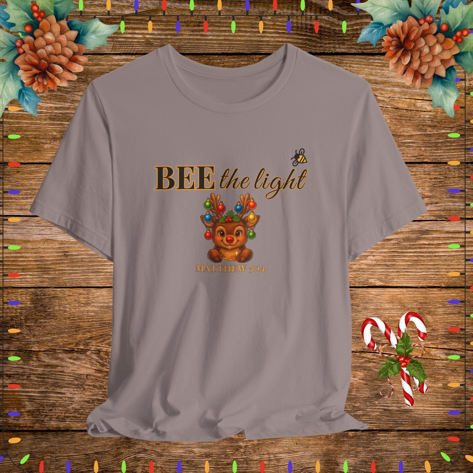 "Pebble brown  BEE the light Christian Shirt – Matthew 5:14 Bible Scripture Tee."