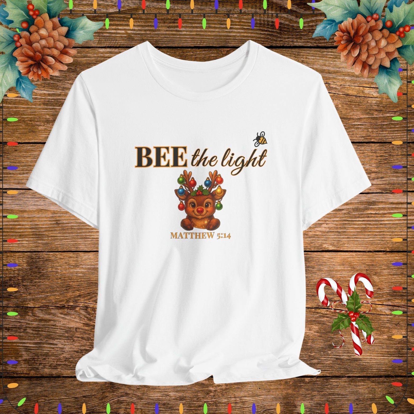 "White BEE the light Christian Shirt – Matthew 5:14 Bible Scripture Tee."