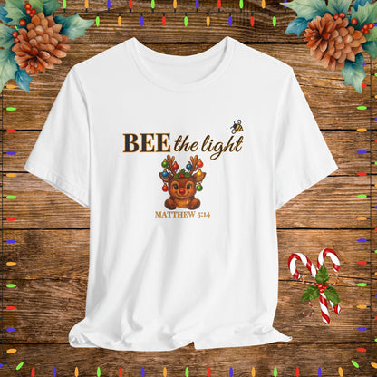 "White BEE the light Christian Shirt – Matthew 5:14 Bible Scripture Tee."