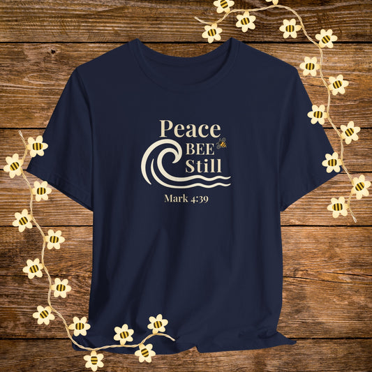 "Navy Peace BEE Still Christian Shirt – Mark 4:39 Bible Scripture Tee."