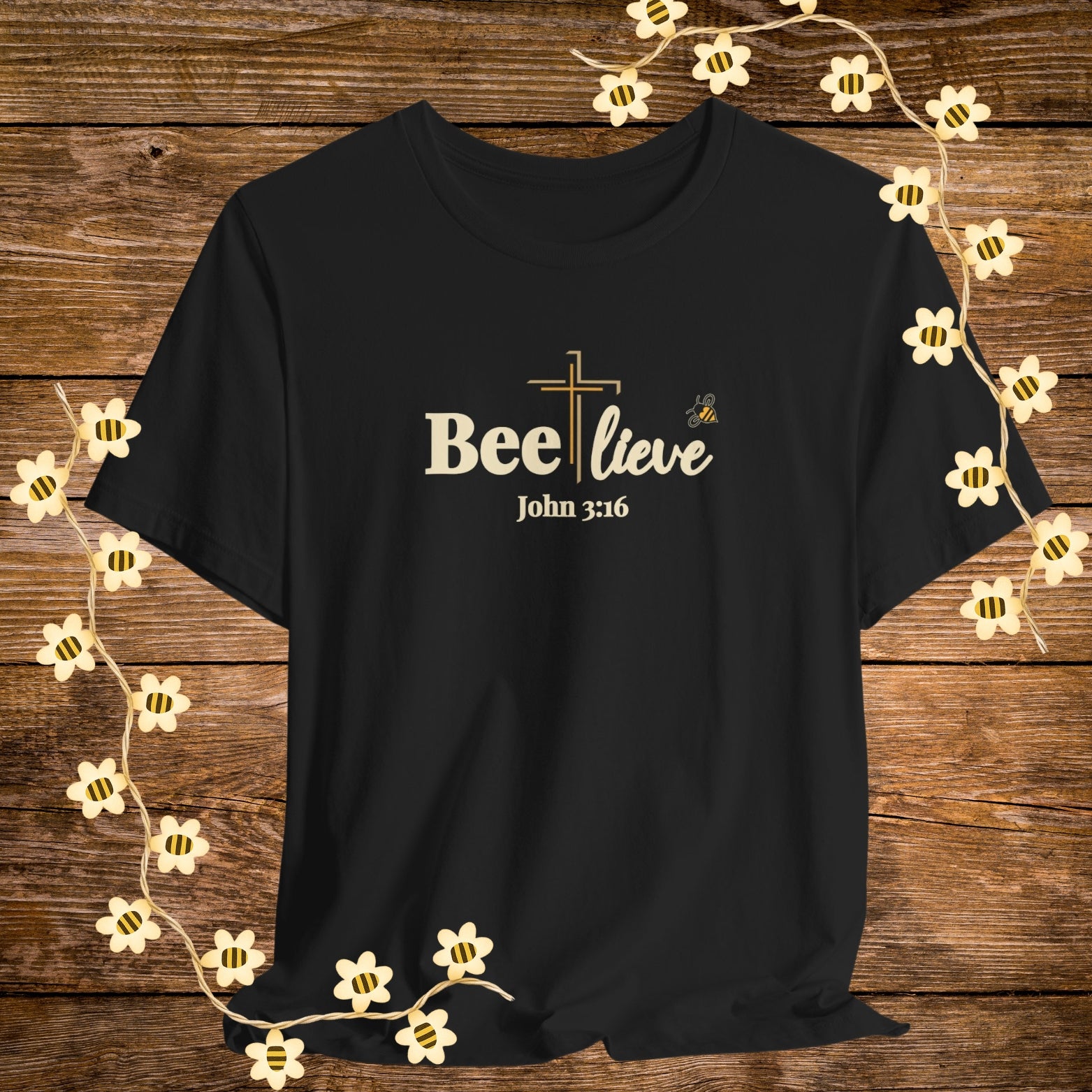 "Black BEE-lieve Christian Shirt – John 3:16 Bible Scripture Tee."