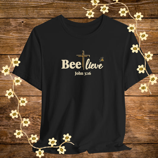 "Black BEE-lieve Christian Shirt – John 3:16 Bible Scripture Tee."