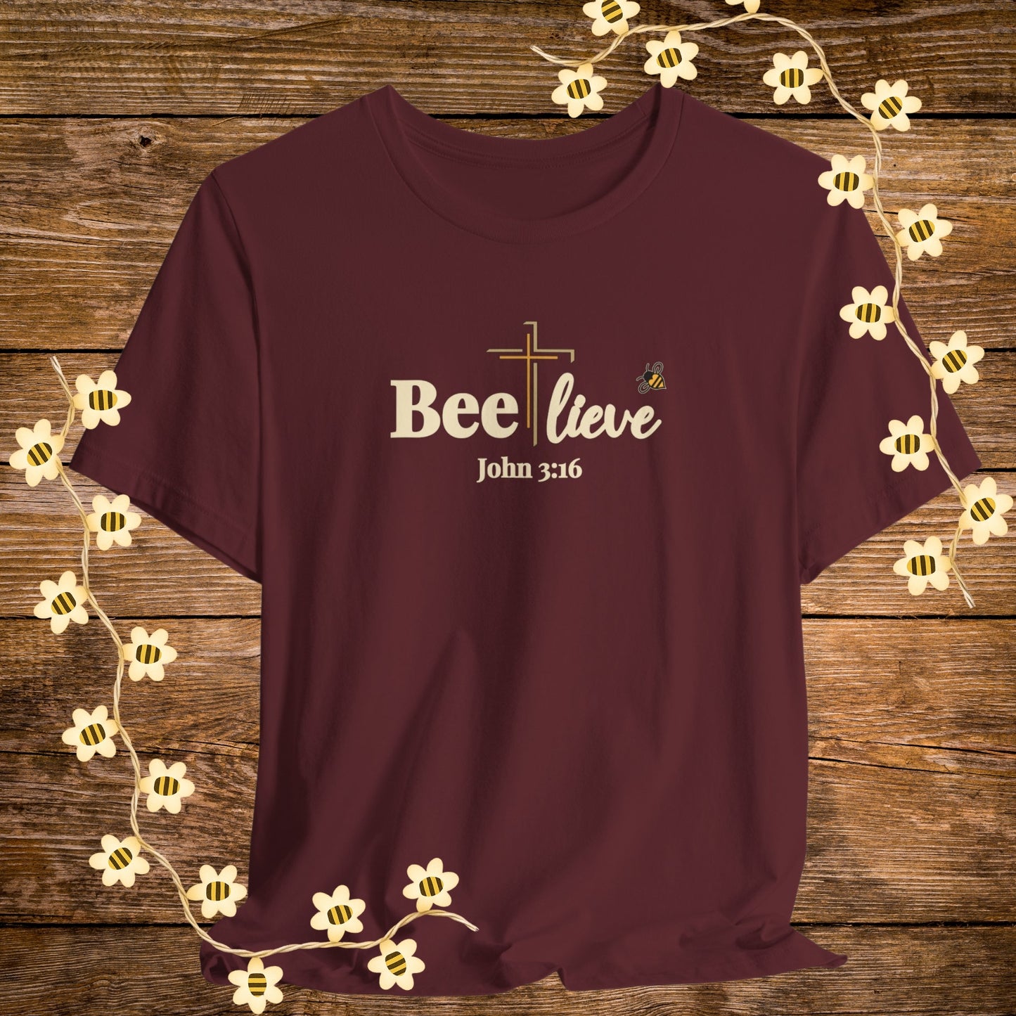 "Maroon BEE-lieve Christian Shirt – John 3:16 Bible Scripture Tee."