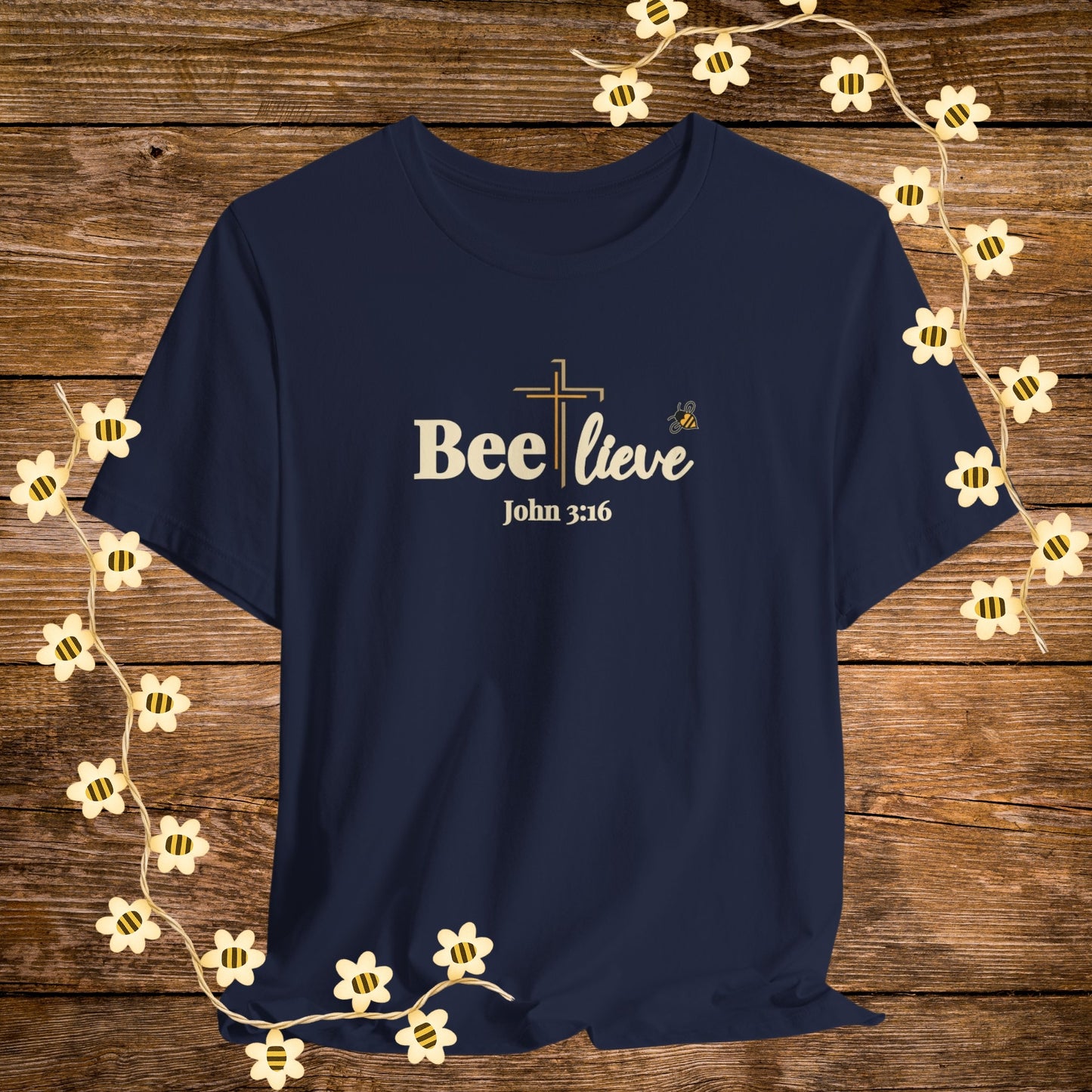 "Navy BEE-lieve Christian Shirt – John 3:16 Bible Scripture Tee."