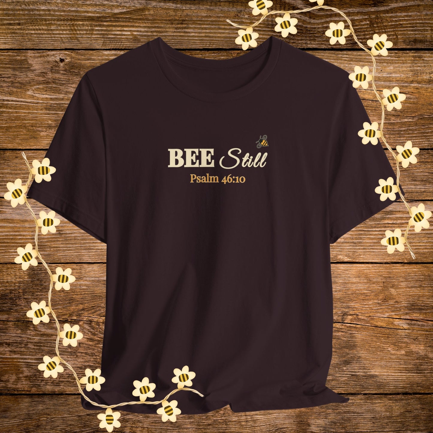 "Oxblood Black BEE Still Christian Shirt – Psalm 46:10 Bible Scripture Tee."