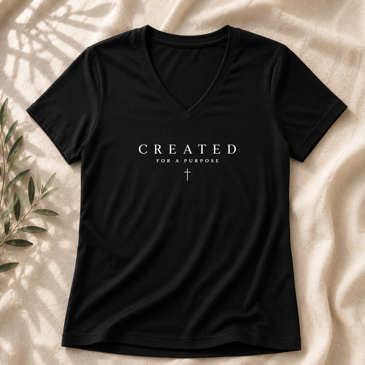 Created for a Purpose Christian V-Neck T-Shirt in Black | Ephesians 2:10 | BEE Grace-full

