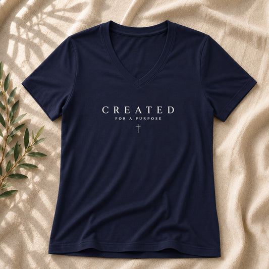 Created for a Purpose Christian V-Neck T-Shirt in Navy | Ephesians 2:10 | BEE Grace-full

