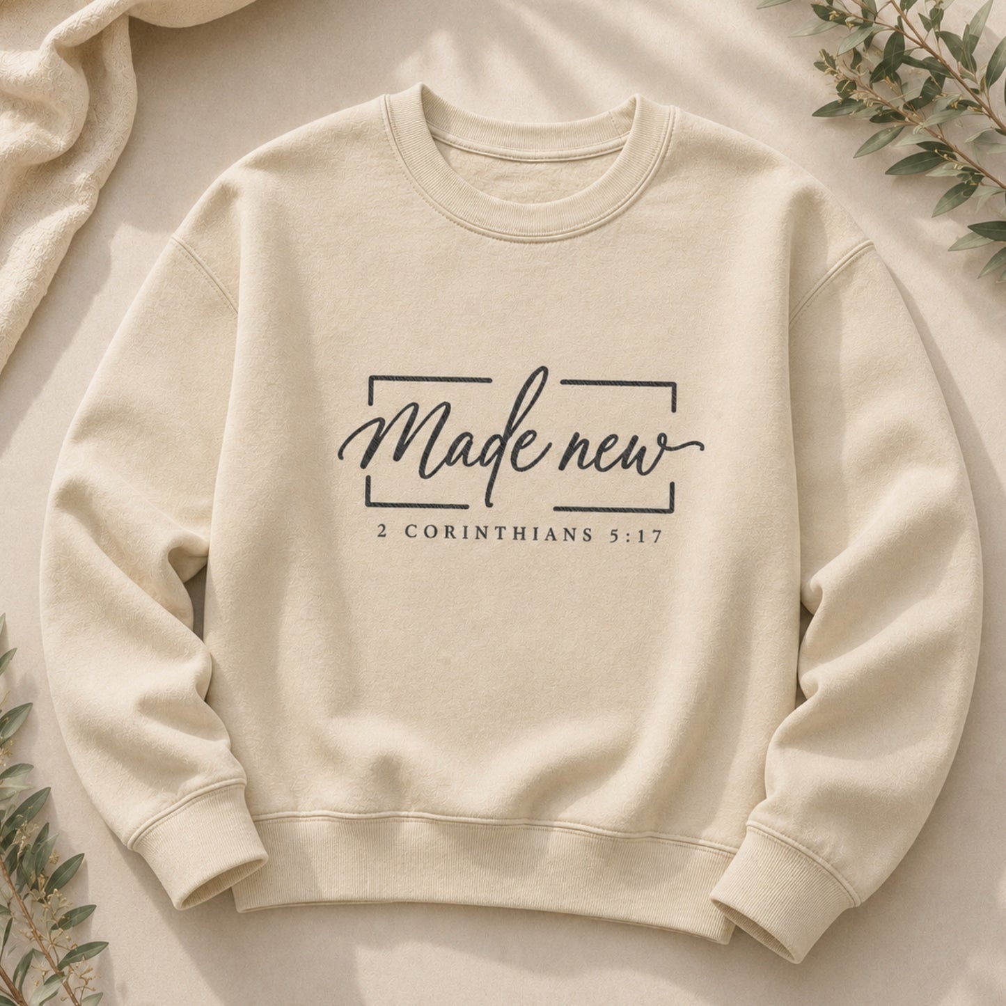 Made New Embroidered Christian Crewneck Sweatshirt in Sand | 2 Corinthians 5:17 | BEE Grace-full