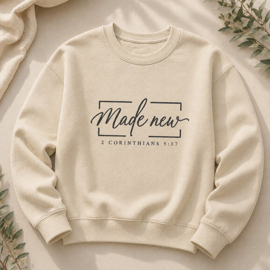 Made New Embroidered Christian Crewneck Sweatshirt in Sand | 2 Corinthians 5:17 | BEE Grace-full