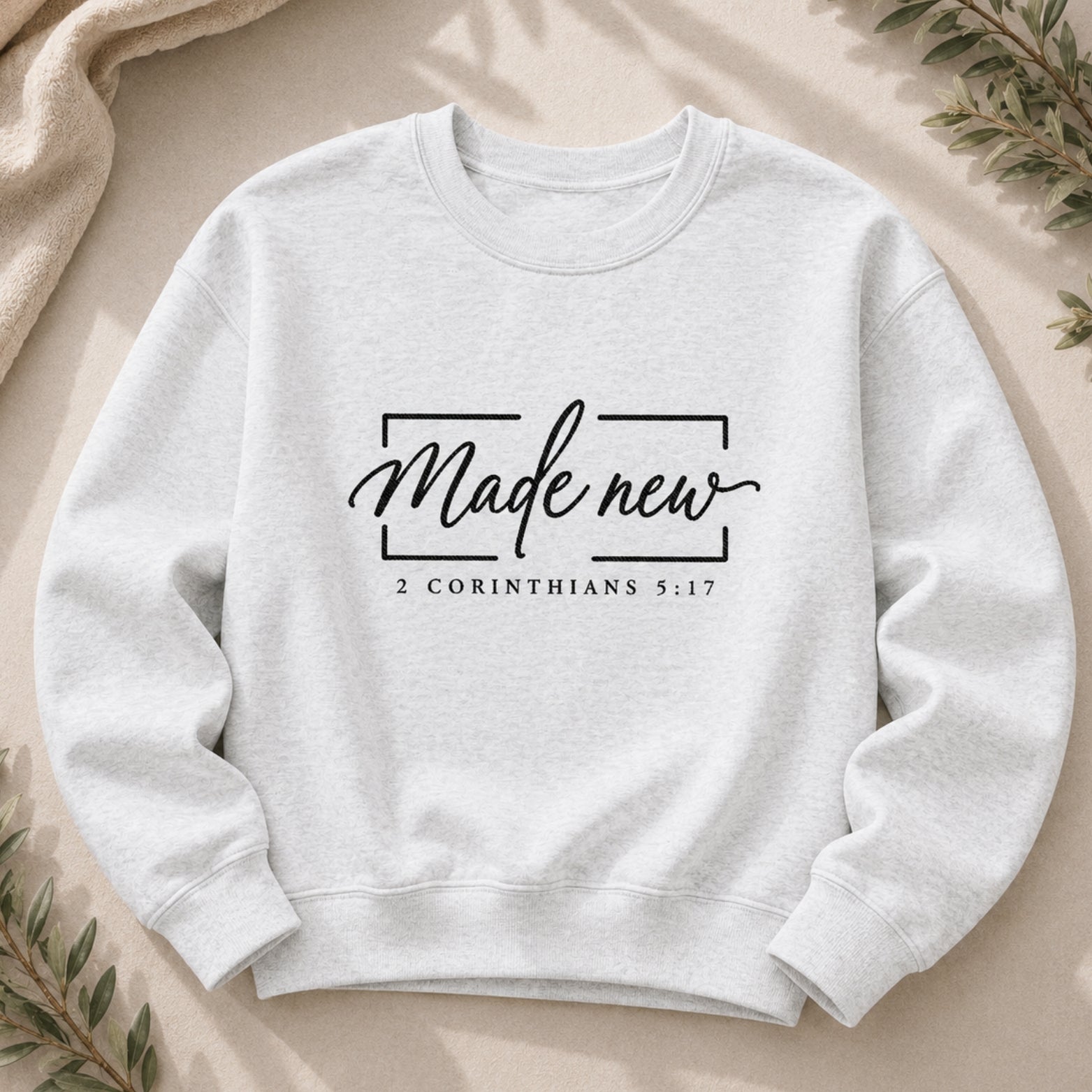 Made New Embroidered Christian Crewneck Sweatshirt in Ash | 2 Corinthians 5:17 | BEE Grace-full
