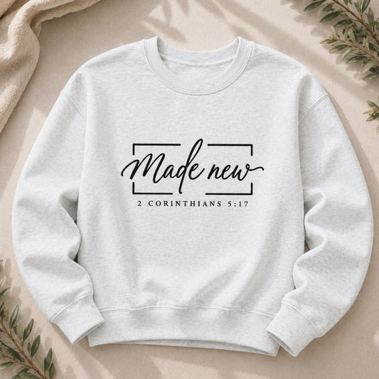 Made New Embroidered Christian Crewneck Sweatshirt in Ash | 2 Corinthians 5:17 | BEE Grace-full