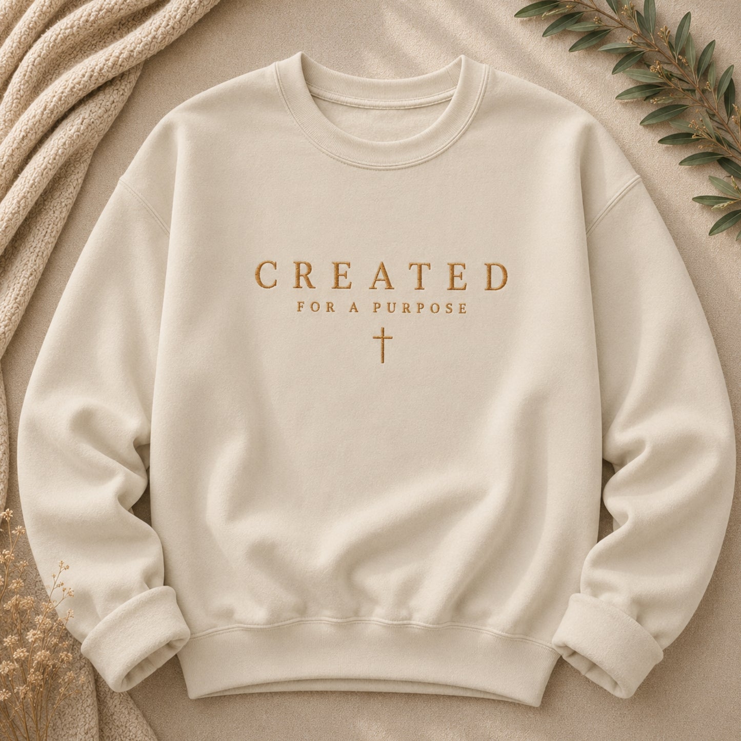 Created for a Purpose Embroidered Christian Crewneck Sweatshirt in Sand | BEE Grace-full

