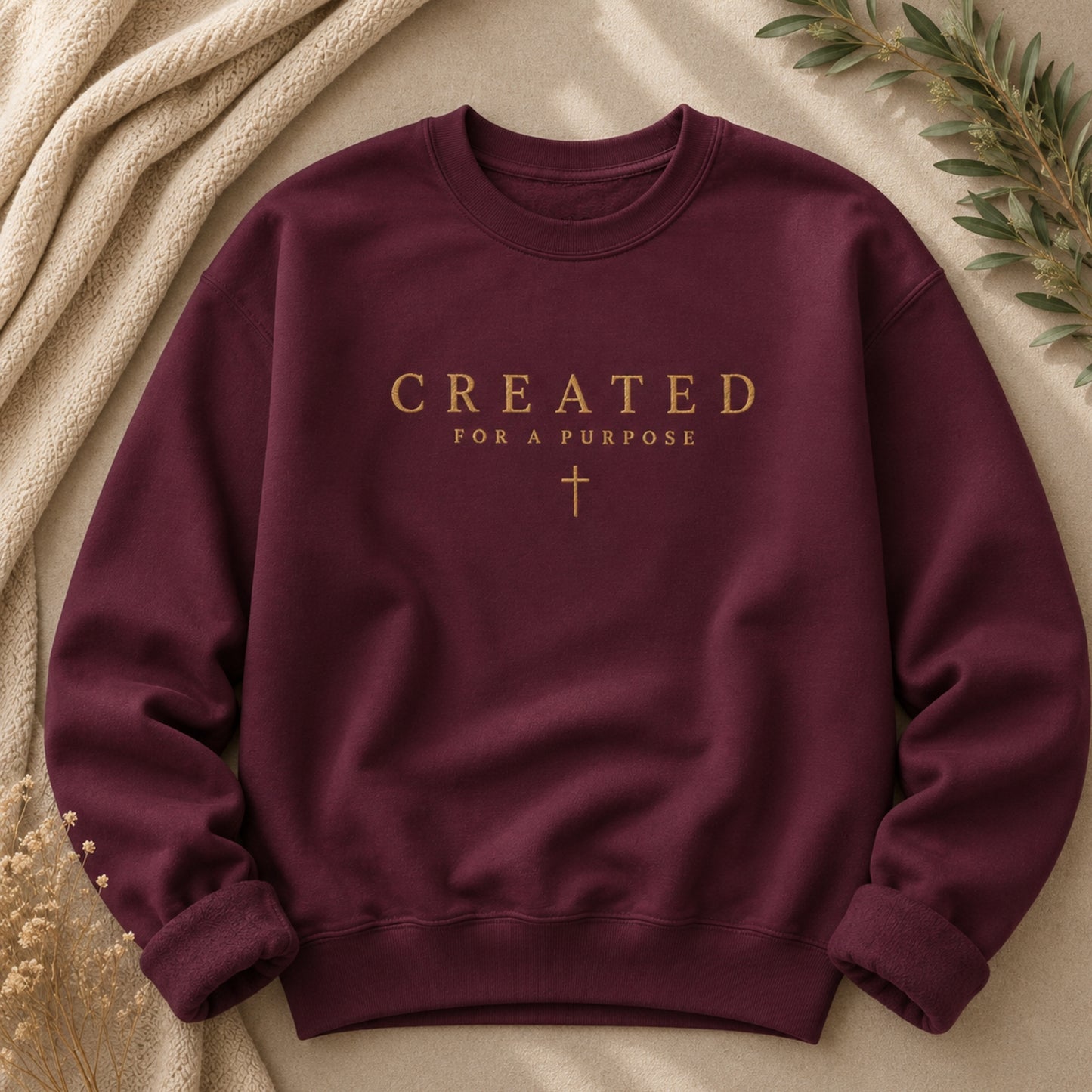 Created for a Purpose Embroidered Christian Crewneck Sweatshirt in Maroon | BEE Grace-full